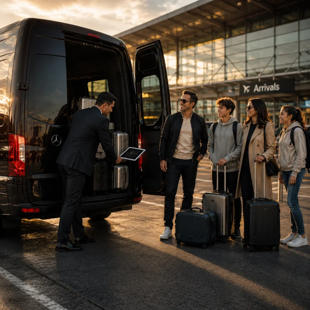 Chauffeur loading luggage into Mercedes Sprinter at JFK Airport arrivals curb