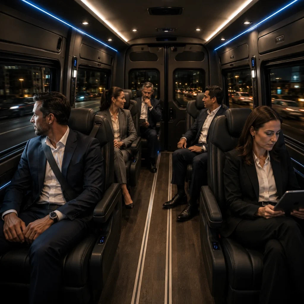 Business executives traveling together in a Mercedes Sprinter van interior