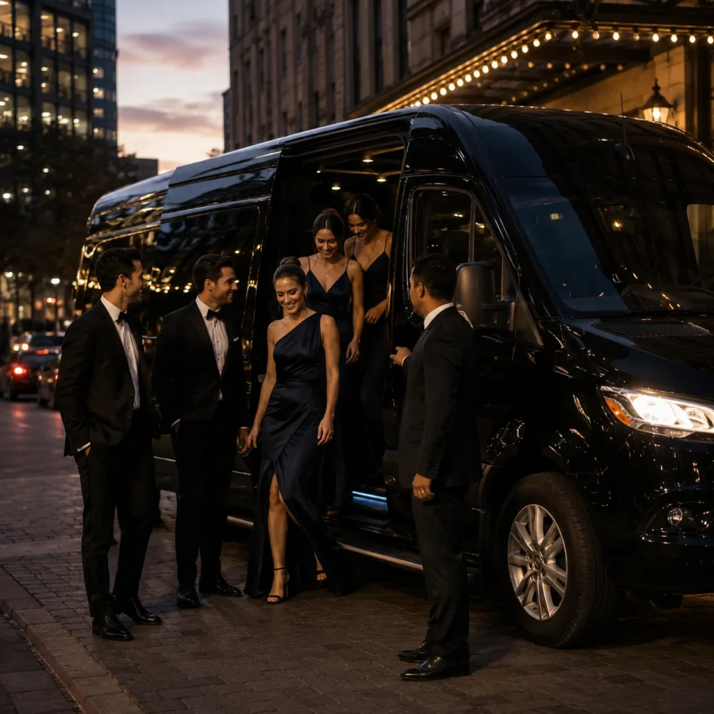 Wedding party stepping out of a black Mercedes Sprinter at NYC venue